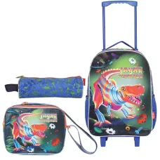 KIT MOCHILA INFANTIL MASCULINA COM CARRINHO 16'' + LANCHEIRA 10'' E ESTOJO JAYKE THE DINOSAUR